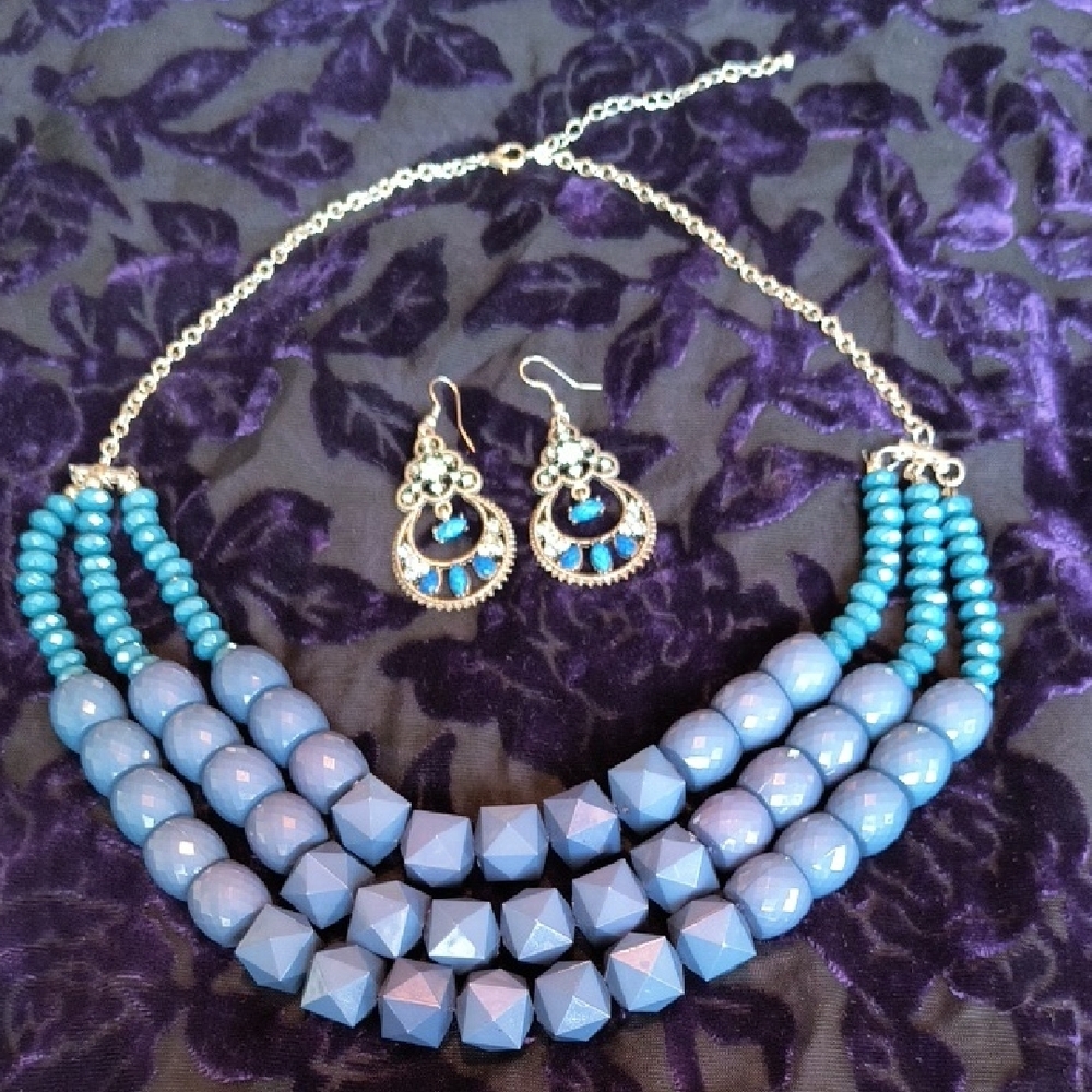 Blue Beaded Necklace & Crystal Earring Set
